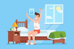 A young man stretching and waking up in a bright bedroom with a sunny window on a cheerful morning vector