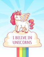 A whimsical unicorn with wings stands proudly on a cloud promoting the joyful message of believing in unicorns. The vibrant rainbow enhances its playful charm vector