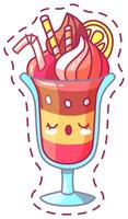 A vibrant sundae features layers of bright colors topped with creamy swirls fruit slices and decorative straws showcasing a delightful treat perfect for summer vector
