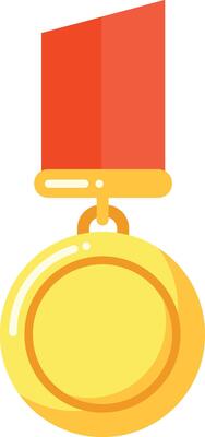 Golden medal with red ribbon symbolizing achievement and success in competitions