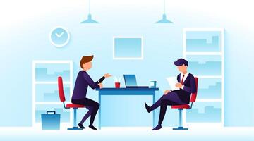 Two business professionals engage in discussion during a meeting in a modern office environment with a bright aesthetic vector