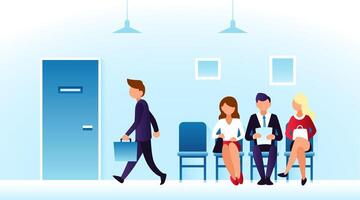 Professionals waiting in a bright office lobby while a man in a suit walks past with a briefcase during a busy workday vector