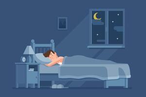 A young man peacefully sleeping in his bedroom during a starry night with a crescent moon visible outside the window vector
