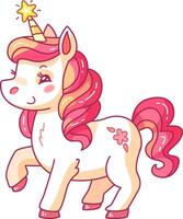 A charming cartoon unicorn with a vibrant pink mane and a sparkling horn stands cheerfully. The design features pastel colors and playful patterns that appeal to children vector