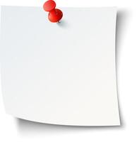 A red pushpin secures an empty sheet of paper on a white surface in a well-lit workspace environment during the day vector