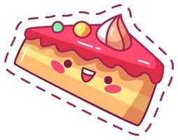 A cheerful slice of cake appears with a happy face bright colors and playful toppings. This delightful dessert emanates joy and charm perfect for any sweet toothed enthusiast vector