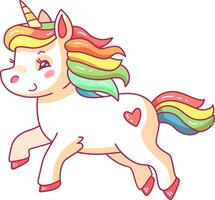 This cheerful unicorn with a rainbow colored mane is playfully prancing showcasing its colorful design and a charming heart detail on its side perfect for children art vector