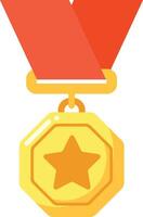 Bright gold medal hanging from a red ribbon symbolizes achievement and success in a sporting event or competition setting vector