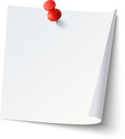 A blank piece of paper pinned to a corkboard with a red pushpin in a well-lit indoor setting vector