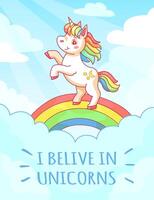 A cute unicorn features prominently with a colorful mane rising above a bright rainbow. The background consists of a sunny sky enhancing the whimsical atmosphere of imagination and joy vector