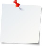 A blank note paper pinned with a red pushpin on a white background for organizing thoughts or reminders vector