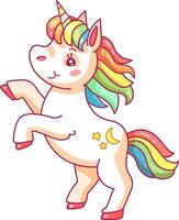 This cheerful unicorn sways gracefully on its hind legs showcasing a vibrant mane and tail. Its friendly expression captures the essence of magic and joy vector