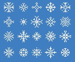 Pixel snowflakes set. Retro 8 bit game sprite symbols of winter snow stars, frost glitter and sparkle. isolated collection vector