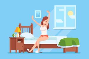 A young woman stretches happily while waking up in a colorful bedroom with sunlight streaming through the window vector