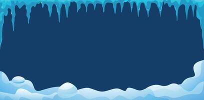 Icicle framing. Frozen winter snow border with falling snowflakes and ice spikes, frosty snowflake snowball elements. snowy Christmas background vector