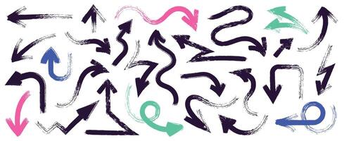 Hand drawn bold arrows. Doodle curve line pointers, rough motion direction signs sketch, vintage pencil scribble motion pointers. isolated set vector