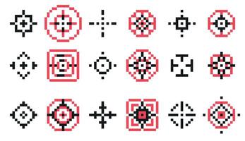 Pixel target icon. Retro game crosshair aim, retro military gun scope, 8 bit bullseye target for hunting and archery. flat focus and accuracy symbol vector