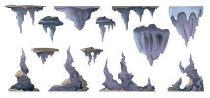 Cartoon stalactite. Geology underground formation of limestone rocks, volcanic cavern with stalagmites and stalactites flat style. isolated set vector