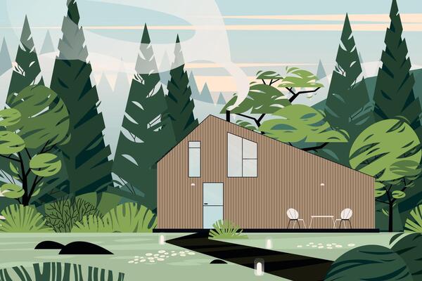 Modern house wood landscape. Abstract wooden cottage with lawn and forest trees, rural landscape background with country building. illustration