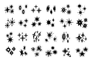 Black glitter star icon. Simple sparkle silhouettes of night sky shiny elements, abstract doodle sparkle banner decorations. isolated set vector