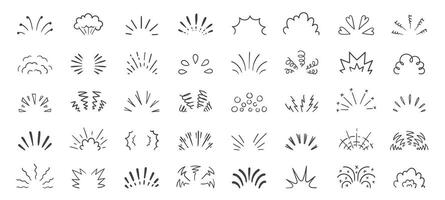 Doodle line sparkles and rays. Abstract hand drawn sun shine and star burst, comic retro sunbeam explosion and firework elements. isolated set vector