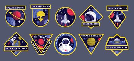 Space patch. Cartoon astronaut and space shuttle, vintage space exploration emblems and badges with cosmos elements. collection isolated set vector