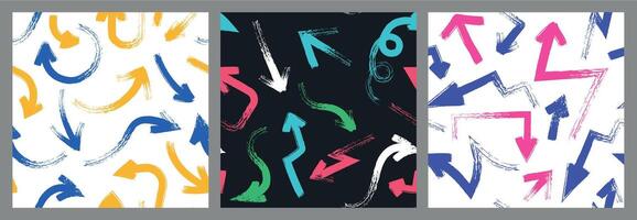 Bold brush arrow pattern. Seamless print of rough grunge line pointers and direction signs. Abstract simple sketch direction symbols texture vector