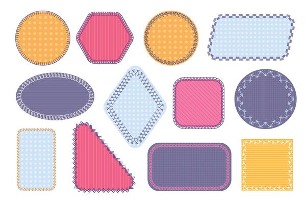 Cloth patches with stitches. Square and round sewing badges, needlework and embroidery textile elements with thread. isolated set