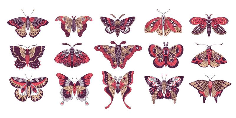Mystical boho butterflies. Abstract tattoo of decorative colorful winged insects, creative astrology butterfly logo design. isolated set