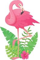 Pink flamingo is standing on one leg, surrounded by lush tropical foliage, including palm leaves and a hibiscus flower vector