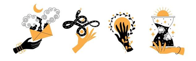 Boho witch hands. Abstract womans minimalistic bohemian style silhouette with mystic esoteric symbols, witchcraft spell ritual. set vector