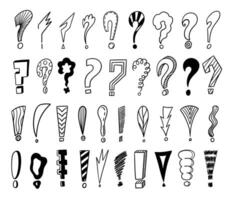Doodle exclamation and question icons. Cartoon hand drawn punctuation marks and question sign symbols. isolated set vector