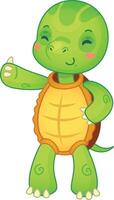 Cheerful cartoon turtle pointing and smiling on a white background, perfect for kids designs vector