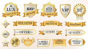 Elegant glossy labels. Vintage golden stickers with premium quality and best choice badges for product rating. certificate and sticker set vector