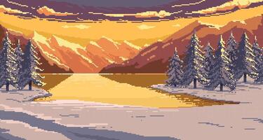 Retro 8 bit winter landscape. Snowy mountains and forest with trees, pixel art background for retro game. snowy winter panorama vector