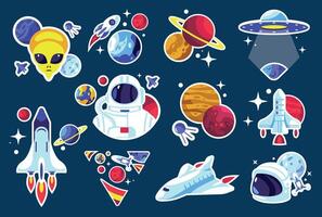 Space stickers. Cartoon astronaut and cosmonaut in space suit with rocket and satellite, cosmos and galaxy elements. isolated set vector