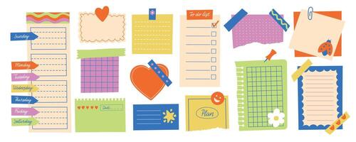 Hand drawn paper notes. Cute memo stickers and post it notes, colorful paper sheet and ripped strip, trendy scrapbook design elements. isolated set vector