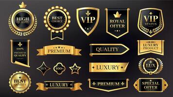 Golden luxury labels. Premium quality badges with golden stars and ribbons for product rating. Shiny stickers and seal for certificate set vector