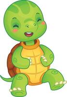 Cheerful cartoon turtle sitting with its legs crossed, eyes closed, and laughing. This cute reptile is sure to bring a smile to your face vector