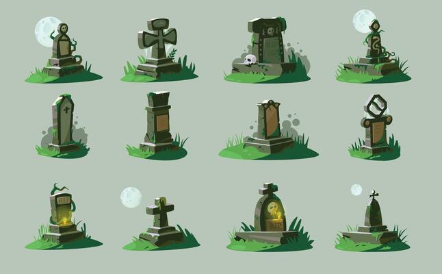 Cartoon gravestones. Old cemetery with blank tombstones, scary graveyard with death funeral headstones and crosses. burial monument set