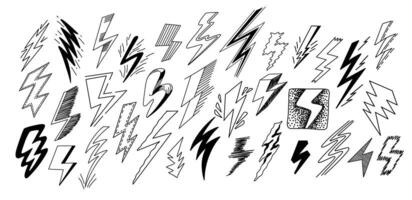 Lightning doodle sketch. Retro hand drawn electric bolt strike and thunder flash icons. Cute scary scribble thunderstorm weather signs set vector