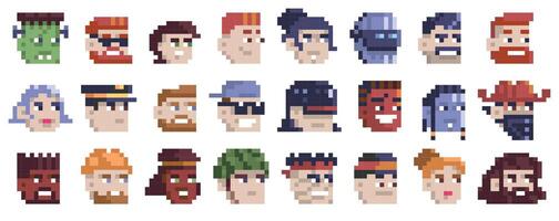 Game 8-bit avatar. Retro pixelated male and female characters avatars, old school 2d game characters. cartoon game faces set vector