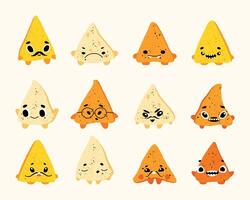 Cartoon nachos characters. Mexican traditional snack with salsa and cheese, funny sports and party characters celebrating holidays. isolated set vector