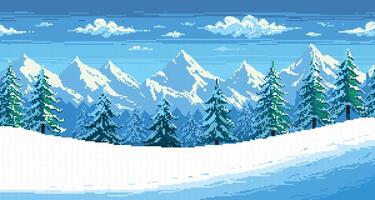 Winter pixel landscape. Retro 2D game background with snowy mountains and forest, snowy landscape with frozen lake. winter panorama vector