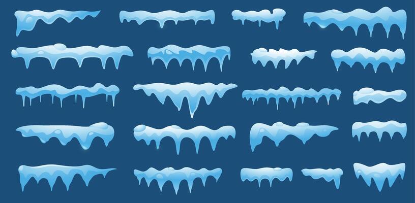 White snow caps. Cartoon frozen snowdrift, winter seasonal roof top snow pile, nature fluffy icy elements flat style. isolated collection
