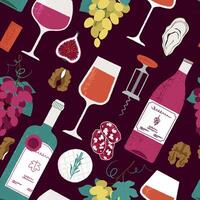 Wine appetizers pattern. Seamless print of french traditional snacks for holiday party, baguette sausage cheese and grapes on red wine background. texture vector