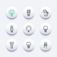 light bulbs line icons set, LED, CFL, fluorescent, halogen, lamp, flashlight vector