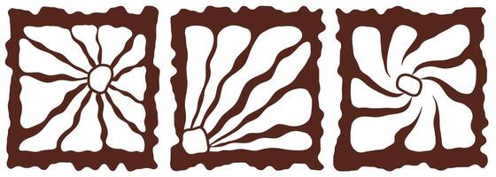 Groovy retro abstract flowers backgrounds. doodle shapes in trendy naive hippie 60s 70s style. Square wavy illustration in brown colors. vector