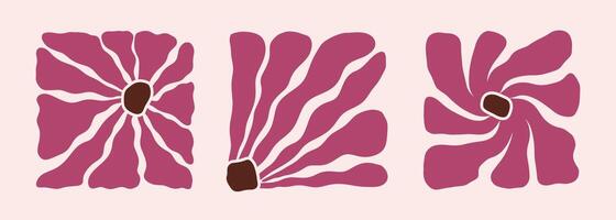 Groovy retro abstract flowers backgrounds. doodle shapes in trendy naive hippie 60s 70s style. Square wavy illustration in brown pink colors. vector
