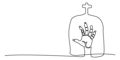 Continuous one line of zombie hand out of the grave. editable stroke. vector